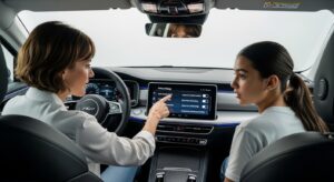 Parent and teen reviewing safety settings inside a newer vehicle
