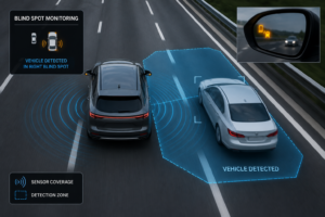 Car sensor graphic detecting vehicle in adjacent lane