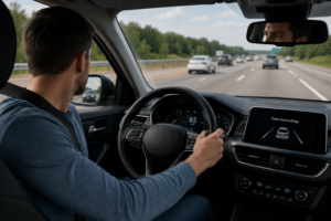 Driver checking mirrors before changing lanes